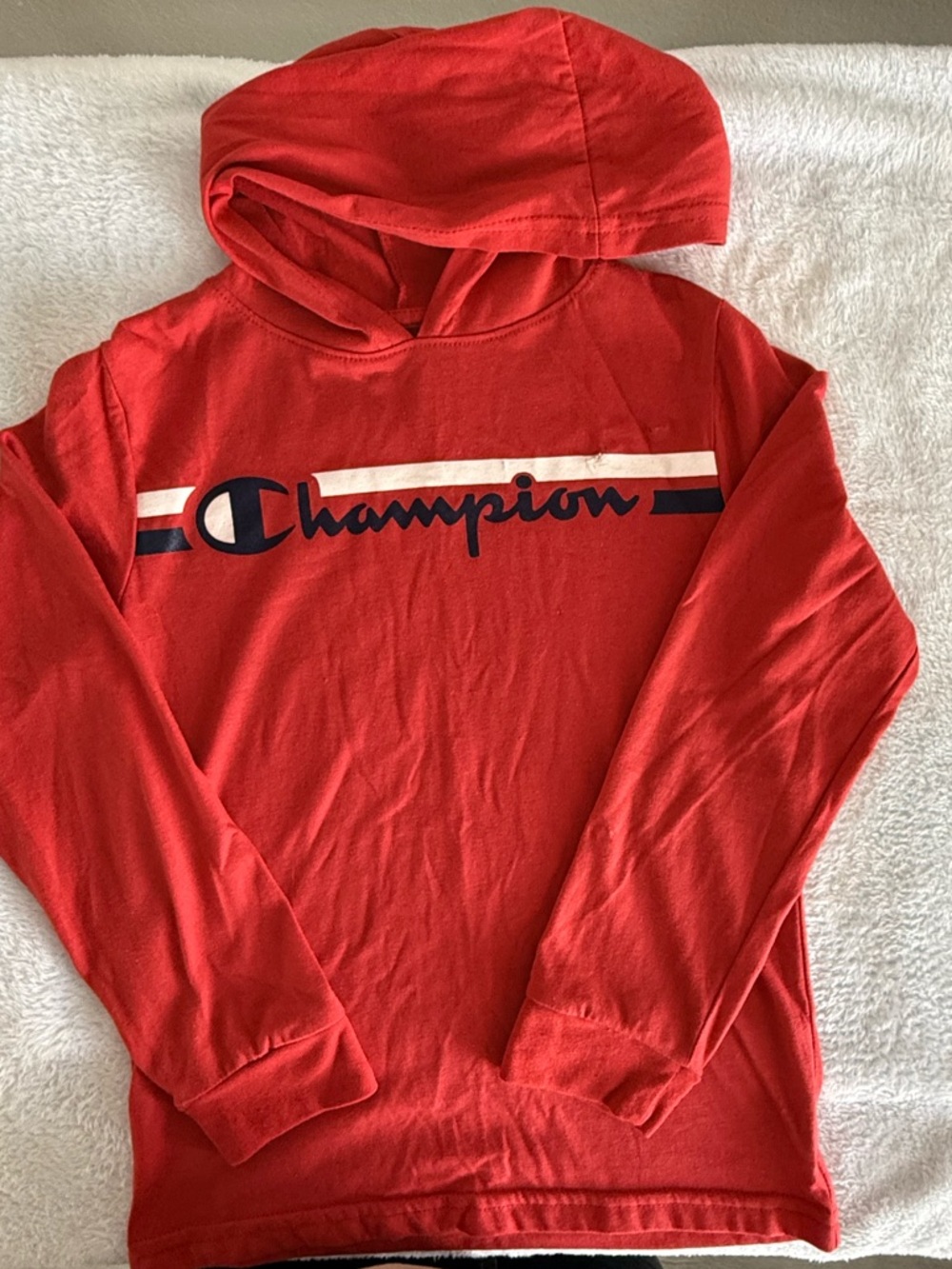 Champion Red Hooded Pullover with Navy & White Stripe Logo